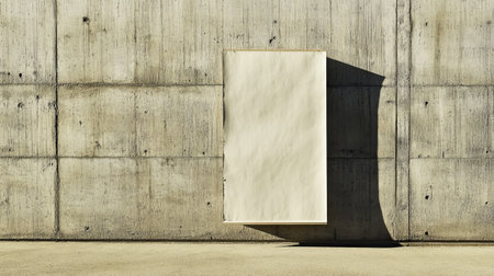 A minimalist image featuring a blank poster pasted on a tall, grungy cement wall, showcasing natural shadows and textures that enhance its artistic appeal.の素材