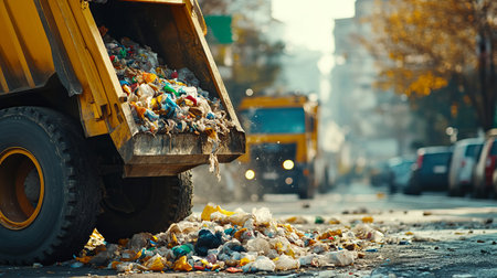 A close-up view of garbage trucks compacting and crushing trash on urban streets showcases waste management processes. The scene captures the hustle of sanitation services in action.の素材