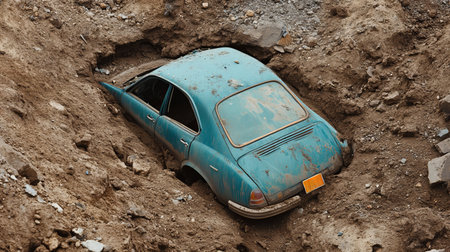 An abandoned car lies half buried in dirt, showcasing neglect and decay. The scene highlights the contrast between the vehicle's faded blue exterior and the surrounding rugged earth.の素材