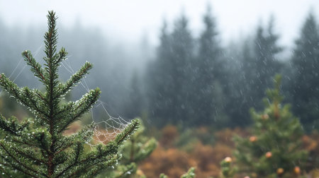 Capture the beauty of nature with this dew-covered spider web on a pine tree in a foggy forest. The delicate droplets glisten softly against a lush green background, creating a serene and tranquil atmosphere perfect for nature lovers.の素材