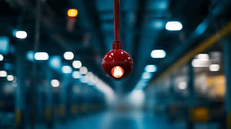 An emergency alarm in a factory setting signals workers for evacuation. The dimly lit atmosphere enhances the urgency of the situation.の素材