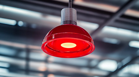 A bright red emergency light hangs in an industrial factory setting, signaling for evacuation and safety. This visual cue emphasizes the importance of immediate alertness for workers in emergency situations.の素材