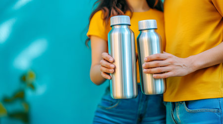 A joyful couple displays eco-friendly reusable bottles, embodying a commitment to sustainable products. Their vibrant, casual attire enhances a modern lifestyle focused on environmental care.の素材