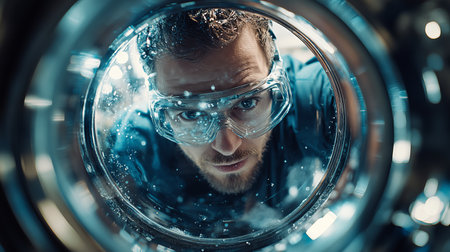 A focused technician inspects a washing machine from inside, wearing protective goggles. The image captures the intricate details of the equipment during a repair process, highlighting the professionalの素材