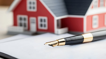 This close-up image features a stylish pen resting on a real estate contract, with a model house in the background, representing the essence of property transactions.の素材
