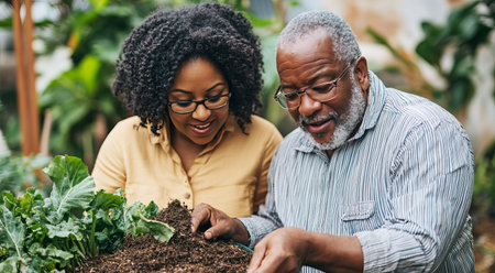 A delighted couple participates in composting organic waste, surrounded by vibrant plants. Their teamwork emphasizes sustainability and love for nature.の素材