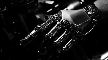 A worker is diligently adjusting settings on a robotic arm in an industrial setting, showcasing advanced technology and precision in automation.の素材