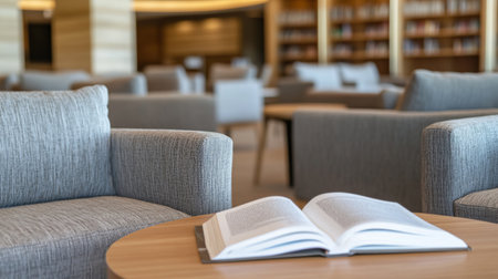 Discover a serene and stylish lobby corner featuring plush seating and an open book on a table, inviting relaxation and leisure in an upscale atmosphere.の素材