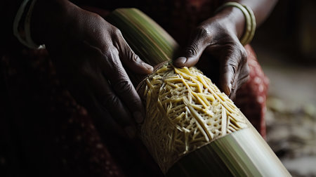 Discover the artistry of bamboo carving as a skilled craftsman shapes intricate patterns into natural materials, reflecting tradition and creativity.の素材