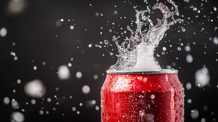 A vibrant image capturing the moment a soda can opens, creating a burst of fizz and foam against a dark backdrop. Perfect for conveying refreshment and excitement.の素材