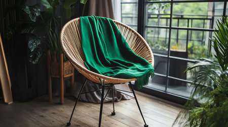 This image features a trendy oversized shirt mockup elegantly draped over a stylish chair in a cozy indoor environment. The vibrant green color adds a refreshing touch to the modern decor.の素材