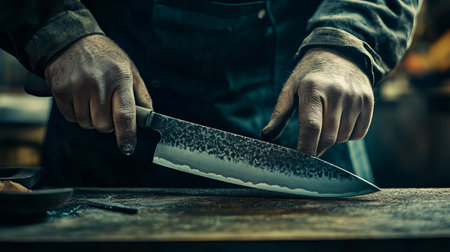 A skilled craftsman meticulously polishes a handcrafted knife with a cloth in an artisan workshop, showcasing the intricate detail and quality of craftsmanship involved in creating fine tools.の素材
