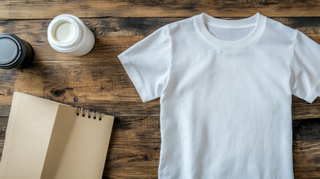 A clean mockup of a crewneck shirt laid out on a wooden table alongside a notebook and beverage. Ideal for showcasing designs or branding concepts in a stylish yet minimal setup.の素材