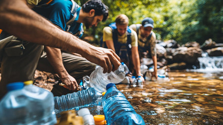A group of volunteers gathers around a stream, filling bottles with clean water to provide to communities. Their efforts highlight the importance of clean water access and community support in natural settings.の素材