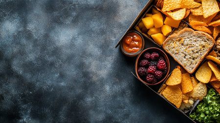 A vibrant lunchbox filled with a processed sandwich, crispy potato chips, and fresh fruits showcases a delightful meal perfect for any occasion.の素材