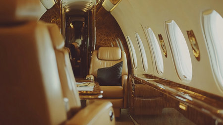Step inside a luxurious private jet featuring plush leather seats and an elegant interior designed for comfort and high-end travel experiences.の素材