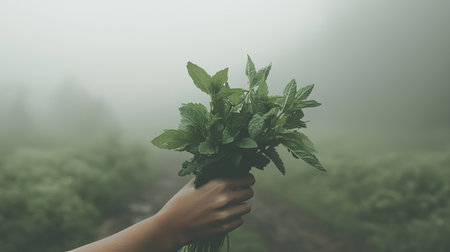 A hand holds a fresh bunch of green herbs, possibly basil or mint, against a misty landscape, evoking a serene and organic atmosphere.の素材