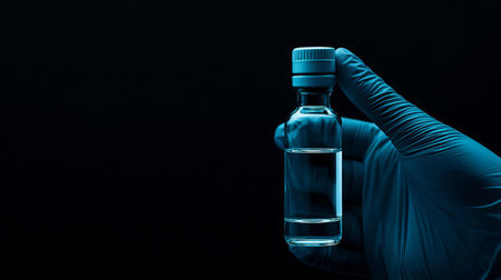 A hand in a protective glove securely holds a clear vial of liquid in a dark background, emphasizing safety in laboratory settings.の素材