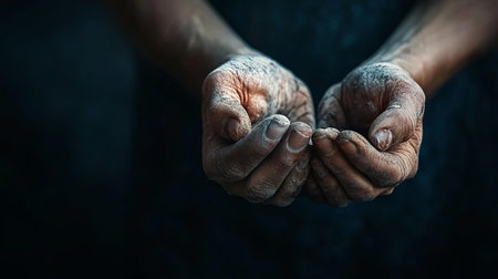 This intimate close-up captures the essence of worn and cracked hands holding dust, reflecting the beauty of age and hard work.の素材