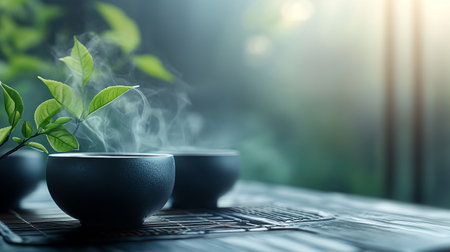 Experience the serene beauty of organic tea with steaming cups and fresh leaves in a tranquil natural setting. Perfect for wellness and relaxation.の素材