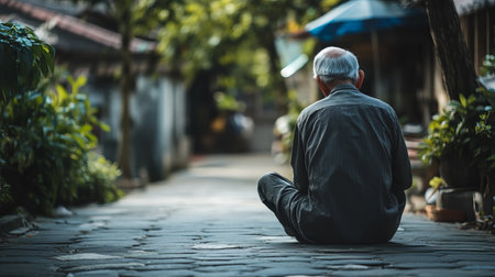 An elderly person sits alone on a cobblestone path, surrounded by greenery, embodying tranquility and solitude in a serene outdoor setting.の素材