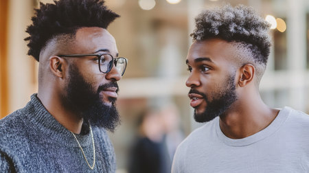 Two male employees engage in a thought-provoking conversation, showcasing a mentoring relationship in a dynamic workplace setting.の素材