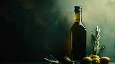This close-up image showcases a premium Italian olive oil bottle with olives and olive branches, beautifully lit against a dark backdrop, highlighting the oil's rich color and luxurious texture.の素材