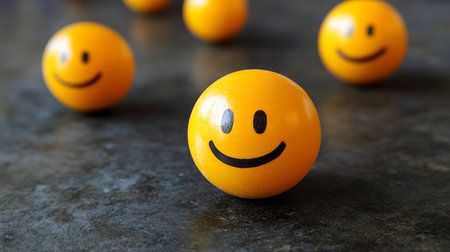 A vibrant collection of yellow smiley faces on a textured dark background symbolizes positive customer feedback and satisfaction, creating an uplifting atmosphere.の素材