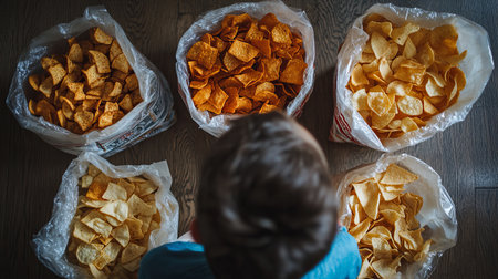 A child sits surrounded by multiple bags of vibrant junk food, highlighting the temptation and allure of unhealthy snacks in everyday life.の素材