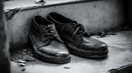 This black and white image captures a pair of abandoned worn shoes left behind on urban steps, evoking feelings of isolation and neglect.の素材