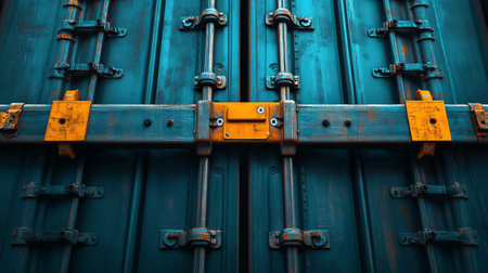 A close-up of an industrial shipping container showcasing a secure locking mechanism in vibrant blue and yellow. This detailed image captures the essence of cargo transport and storage.の素材