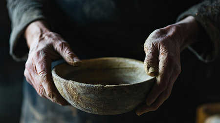 This close-up image showcases skilled artisan hands delicately crafting a traditional bowl, revealing intricate texture and detail, symbolizing dedication to the art.の素材
