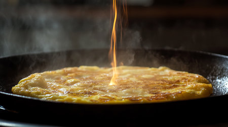 A golden Thai style omelette cooking in a pan, with flames and steam rising, showcasing the delicious texture and vibrant color, perfect for culinary enthusiasts.の素材
