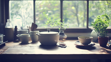 A serene kitchen space filled with natural light, featuring simple decor and fresh plants. This inviting setup enhances the warm atmosphere, ideal for culinary creativity.の素材