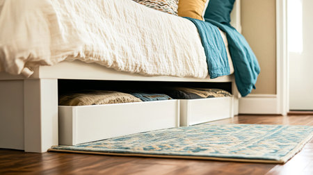 Explore a beautifully designed bedroom featuring a stylish bed with practical storage drawers underneath, perfect for keeping your space organized and clutter-free.の素材