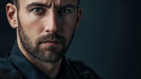 A striking close-up shot of a police officer in uniform, showcasing intense eyes and a serious expression, embodying authority and professionalism.の素材
