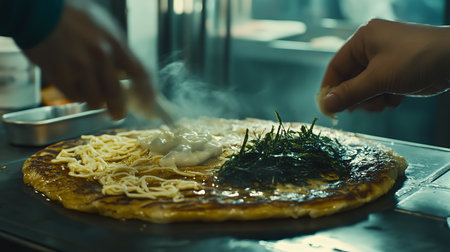 A street vendor skillfully adds various toppings to a sizzling okonomiyaki on a grill, showcasing the vibrant and aromatic elements of this beloved Japanese dish.の素材