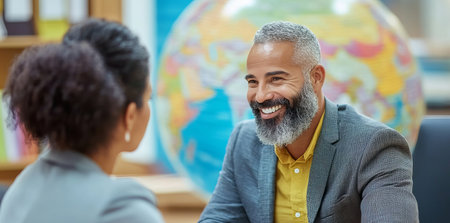 A happy customer engages in a detailed discussion about travel plans with a travel agency consultant in a modern office setting, emphasizing a positive experience.の素材