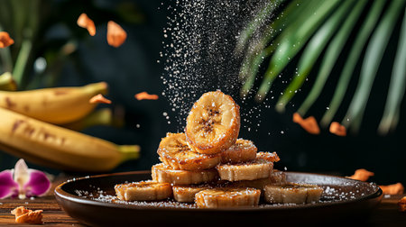A mouthwatering display of crispy fried banana slices dusted with sugar, surrounded by lush tropical leaves and fresh bananas, perfect for dessert lovers.の素材