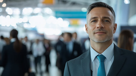 A confident Middle Eastern businessman stands poised at an international networking event, ready to connect and build valuable relationships in his industry, showcasing professionalism and leadership skills.の素材
