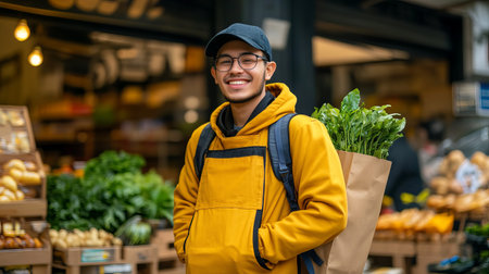 A cheerful student delivers food orders to customers in an urban market, showcasing a vibrant atmosphere filled with fresh produce and smiles.の素材