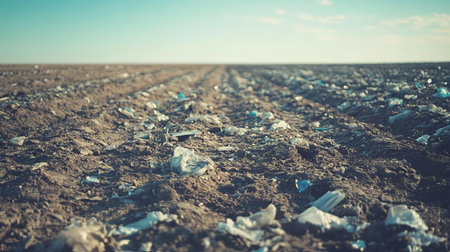 A close-up image showcasing a landfill area where plastic waste protrudes from the ground surface. This scene highlights environmental issues and pollution concerns.の素材