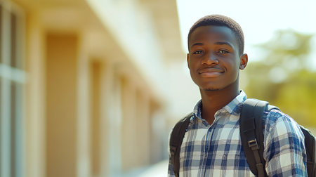 Young African student smiles at university campus, showcasing enthusiasm for new experiences and academic pursuits abroad, with bright atmosphere enhancing the mood.の素材