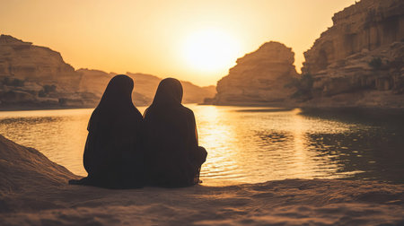 A beautiful scene of a couple enjoying a stunning sunset by tranquil water. The silhouettes reflect serenity and connection amid a breathtaking Middle Eastern landscape.の素材