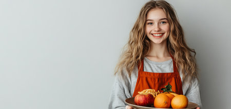 A cheerful young woman dressed in casual attire smiles while serving fresh fruits on a wooden plate. The scene captures a warm and inviting atmosphere, showcasing healthy eating.の素材
