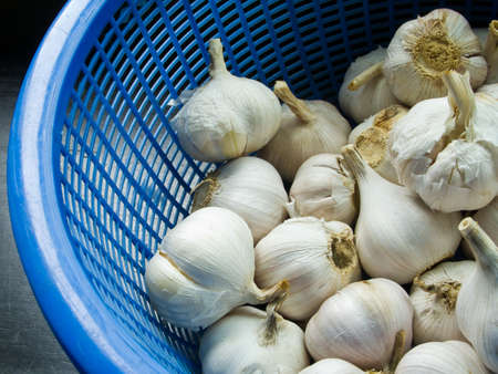 Basket of garlic in Thai kitchenの写真素材