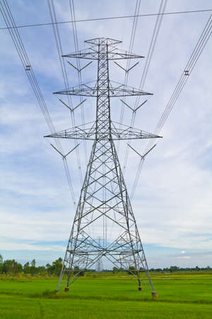 Electricity pylon cross the paddy land in countryside of Thailandの写真素材