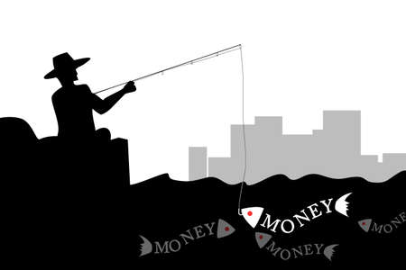 Man fishing the money fish in silhouetteの写真素材