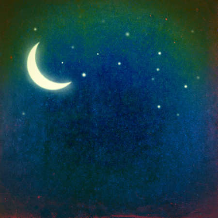 Grunge image of night sky with crescent moon and starsの写真素材