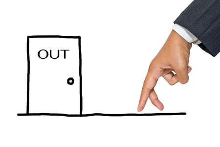 Businessman hand as finger walking to exit doorの写真素材